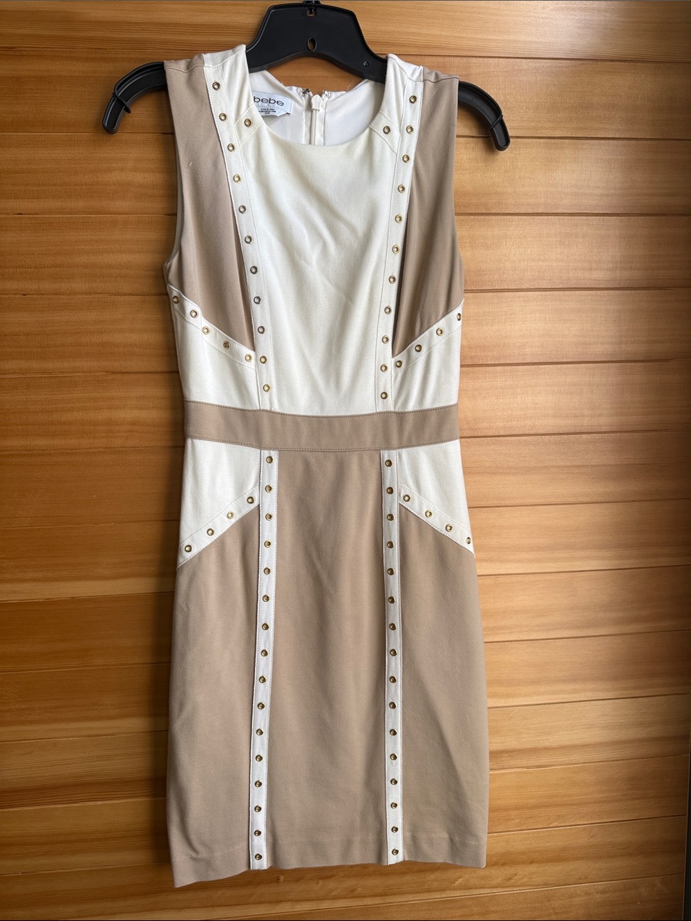 bebe Two-Tone Beige and White Studded Midi Sheath Dress